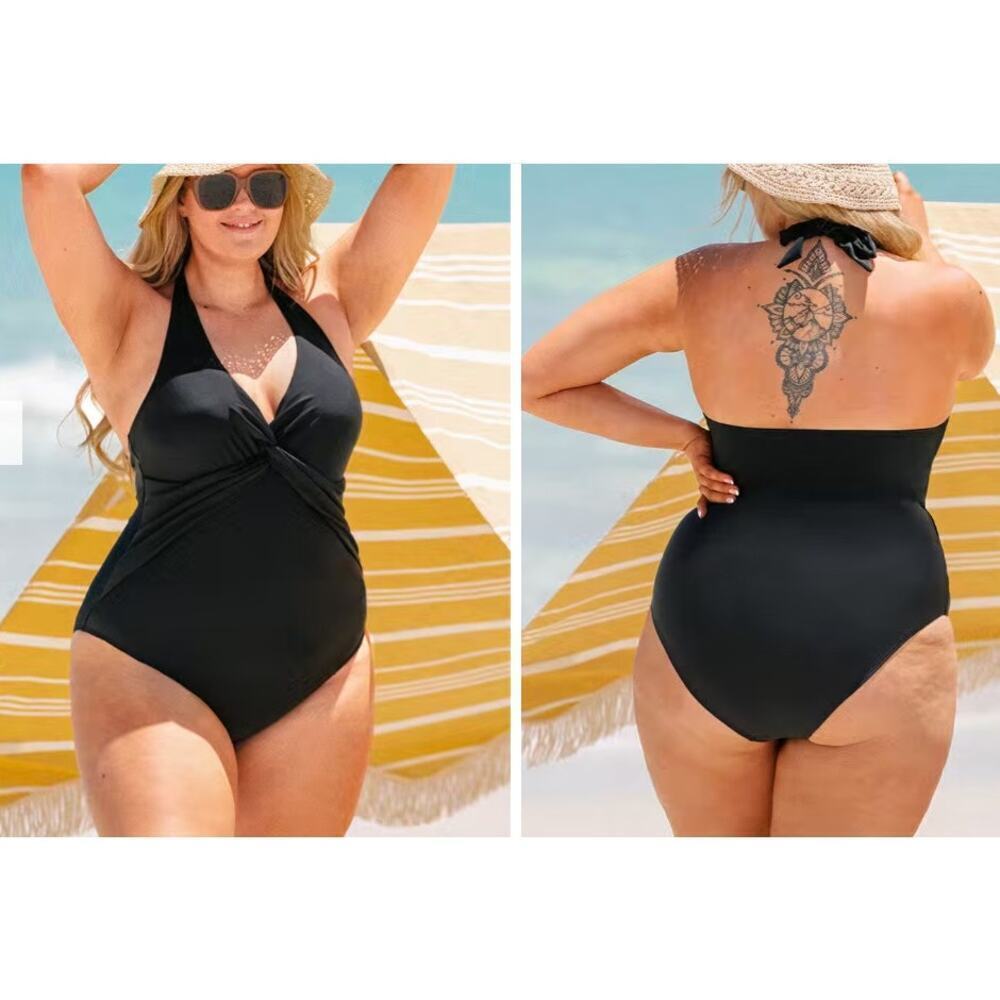Cupshe Halter One Piece Black Swimsuit Twist Front Plunge Size 0X 14W‎ NWT